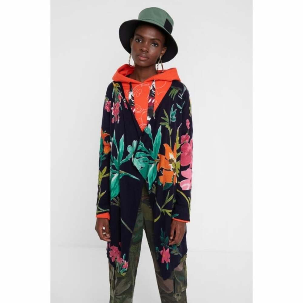 Desigual Kolkata Women's Knitted Open-Front Cardigan Navy Blue Floral Size L